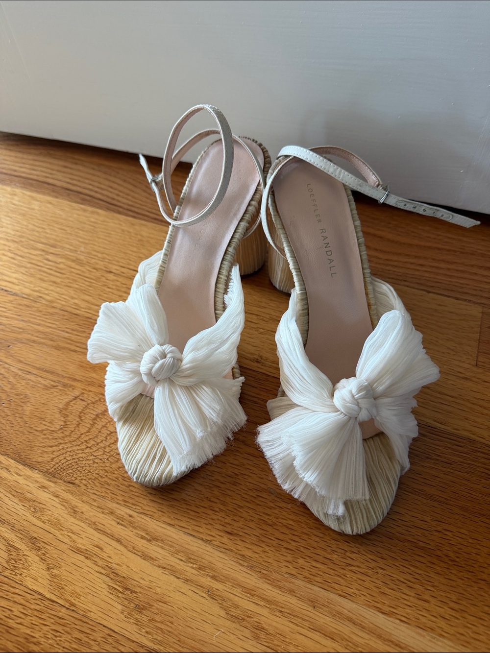 Loeffler Randall Cream Bow Ankle Strap Heels